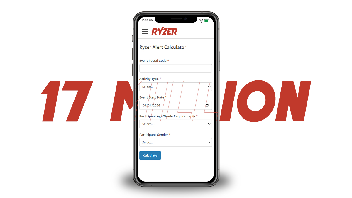 A mobile device with the Ryzer alert calculator showing. Text behind it says 17 million, referring to the current amount of active alerts.