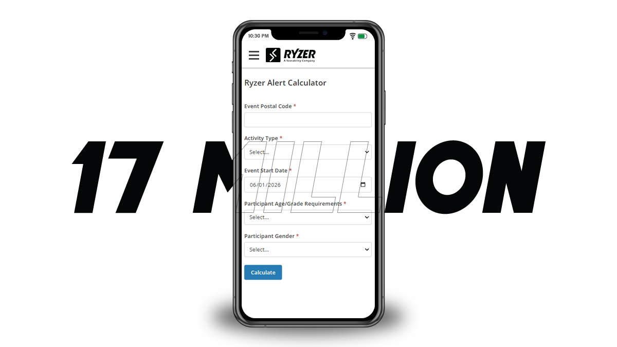 A mobile device with the Ryzer alert calculator showing. Text behind it says 17 million, referring to the current amount of active alerts.