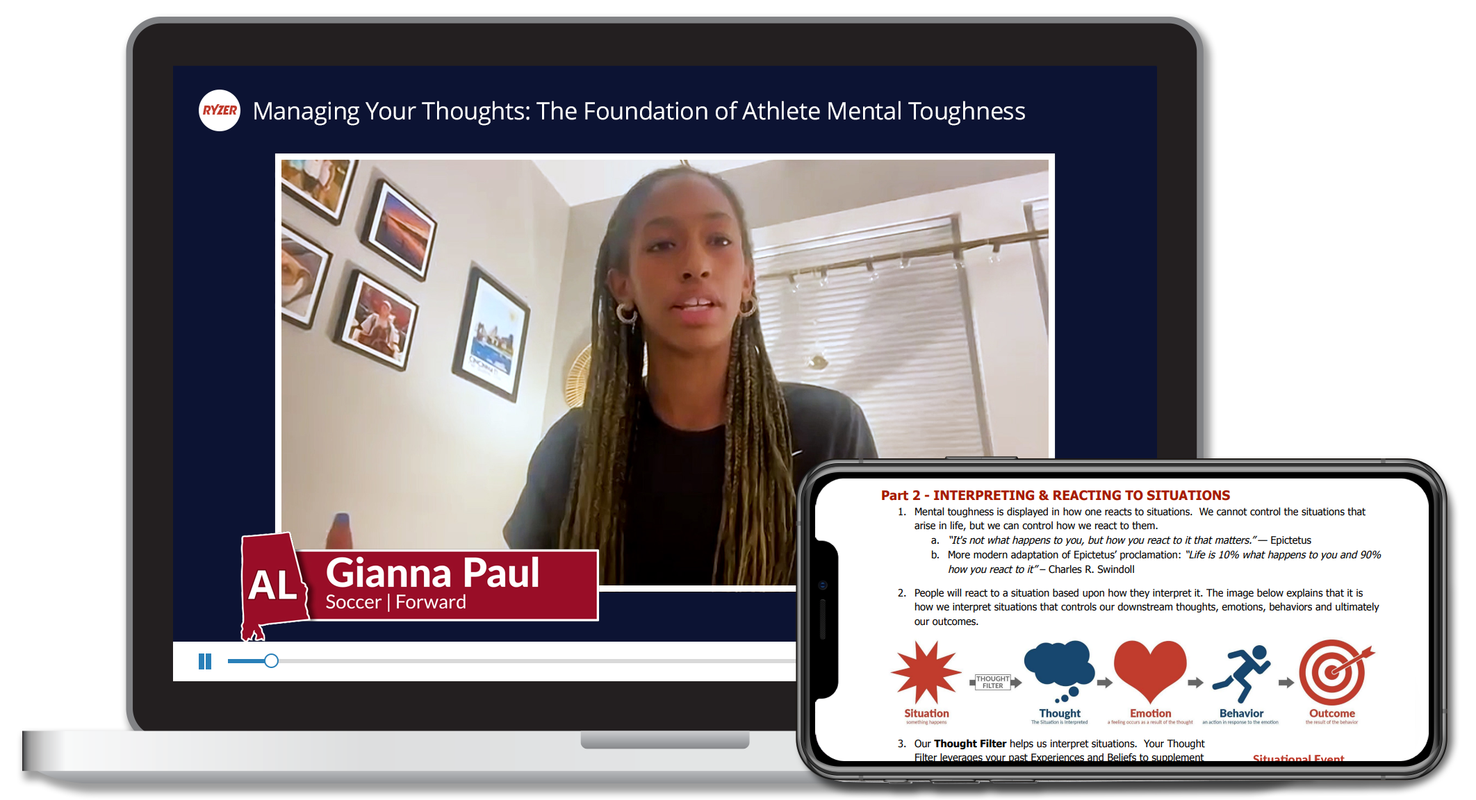Laptop device showing a still from one of the Elite Mindset Training video courses. The still features NIL soccer athlete Gianna Paul. In the bottom right sits a graphic of a mobile device showing a different still from one of the Elite Mindset Training courses.