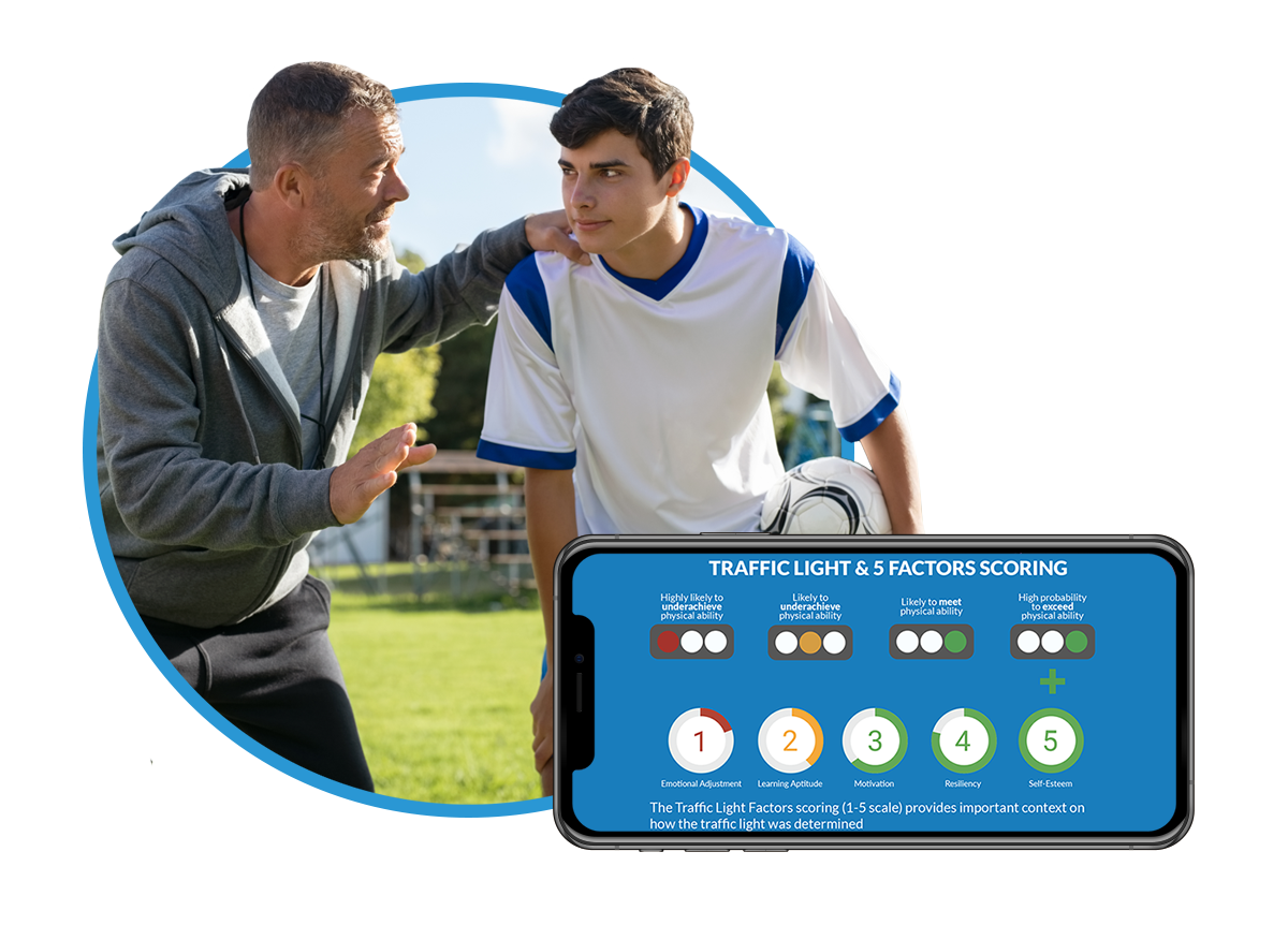 Photo of a coach talking to a male athlete. In the bottom right sits a graphic of a mobile device depicting a coach specific TAP report.